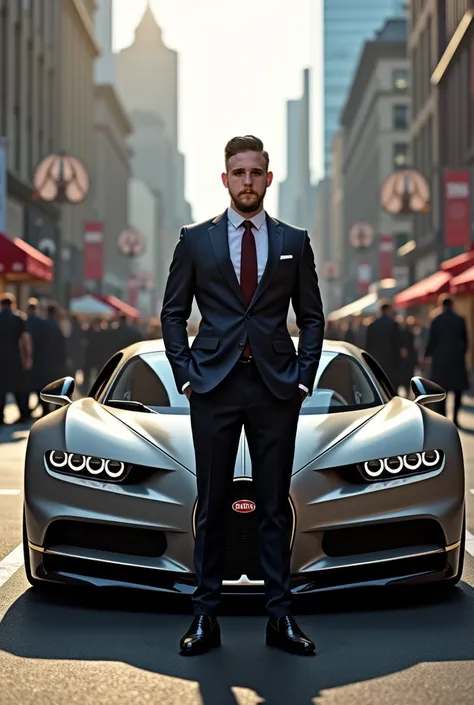 Full body high qualoty 8k Man standing in front of Bugatti  on city street