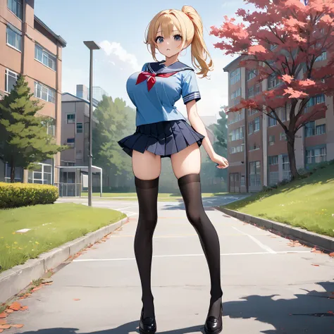 masterpiece, landscape, school, (longtorso_v0.63_pony), large breasts, BREAK, solo, 1 very skinny girl standing, arched back, tiptoe, pigeon toed, BREAK, school uniform, sailor uniform, roo short skirt, thigh gap, black thighhighs, BREAK, bouncing large br...