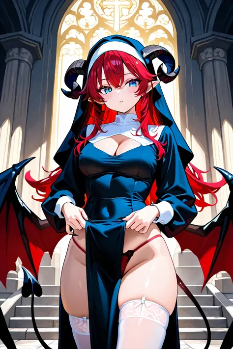 MASTERPIECE, BEST QUALITY, ULTRA DETAILED, PERFECT ANATOMY, HIGH DEFINITION, INTRICATE DETAILS, ALONE, 1girl, red hair, short layered hair, blue eyes, black pupil, slit pupil, slender, medium breasts, large wings, demon wings, curled horns, demon tail, sha...