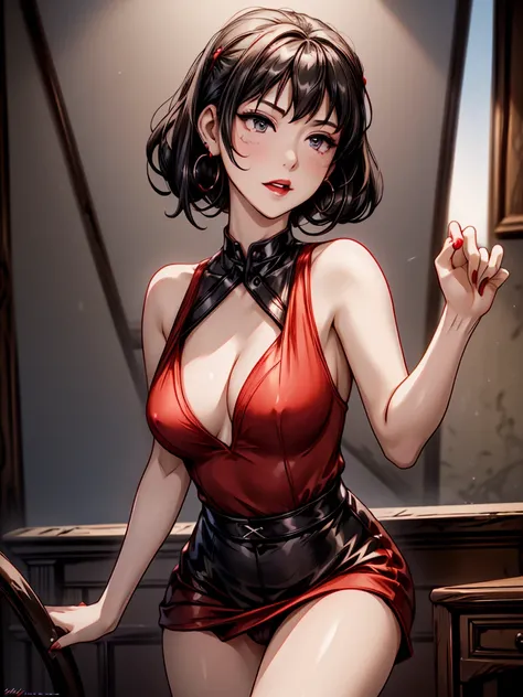 (8K HDR photorealistic pic), Betty Boop, short, althetic, curvy lady, ((tight little red dress)), dark eyebrows, black lipstick, (hoop earrings), dark eyeshadow, black lipstick, curvy, busty, (curly short black hair), shortstack, (retroussé breasts), darli...