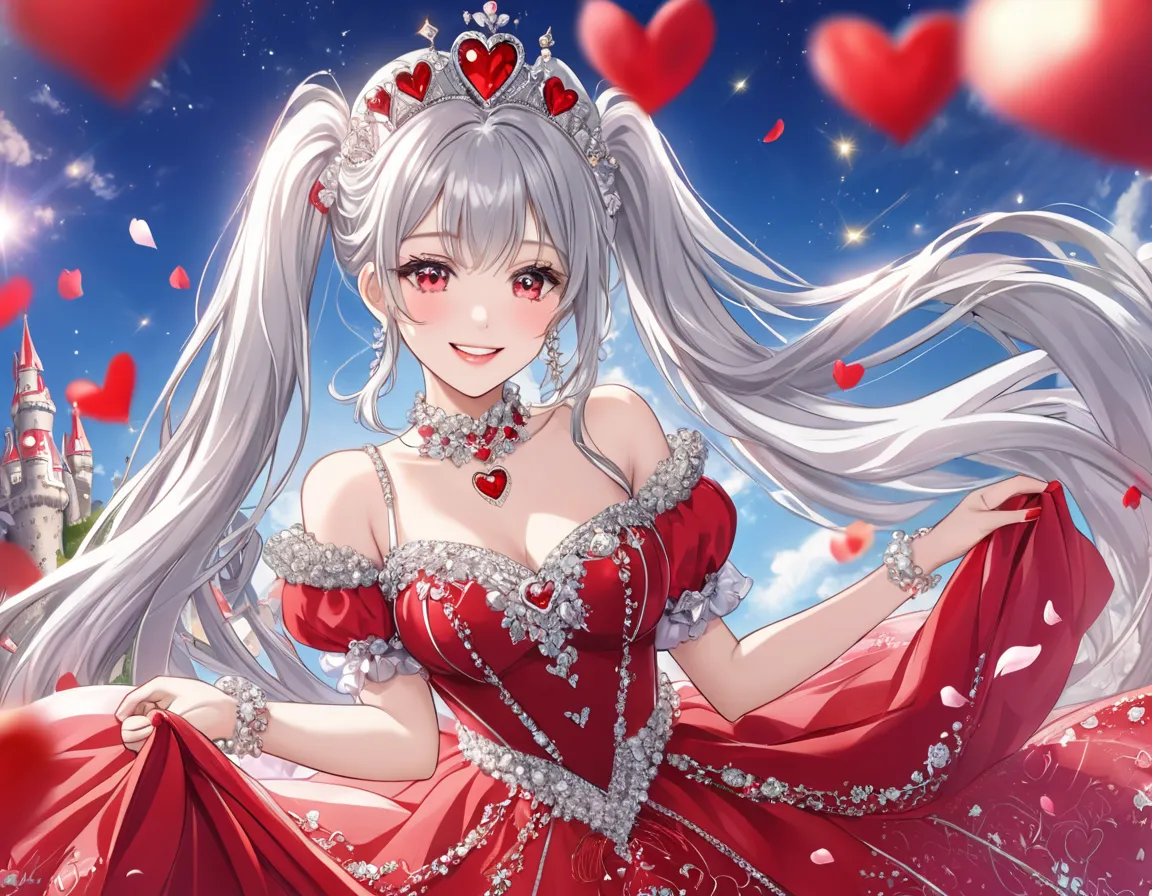 long silver hair 、Queen with beautiful twin tails 、smile、The Queen of Hearts Living in a Sparkling Castle、Heart pattern red long dress、Tiara Decorated with Heart-shaped Diamonds、I'm wearing a sparkling heart pattern diamond pendant(close-up)、smileで幸せです、Lot...