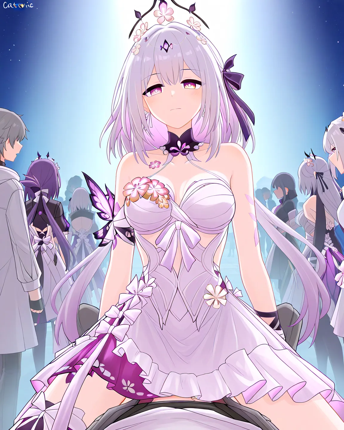 A small town next to the river,Castorice white hair purple eyes honkai star rail dress and boy caelus gray hair yellow eyes honkai star rail having sex ,mountains in the background, white flowers on a rock with many people watching them