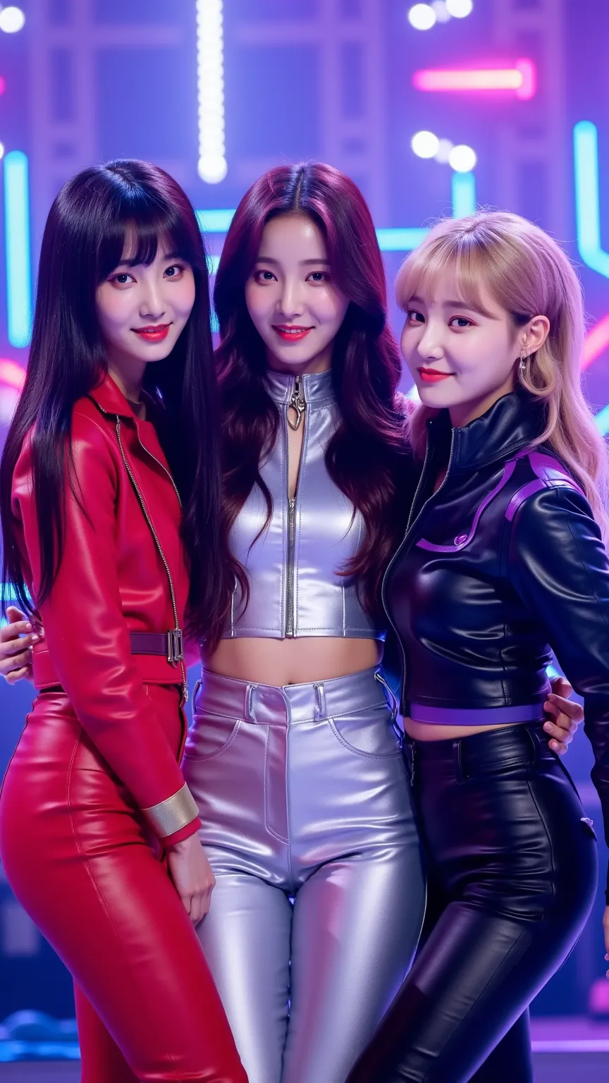 Group photo of three stylish K-pop idols performing on a neon-lit stage. - Lina:  Long Straight Black Hair , The red leather costume has a subtle gold accent, Confident and elegant. - Lina:  wavy brown hair , The silver leather costume has soft blue lumine...