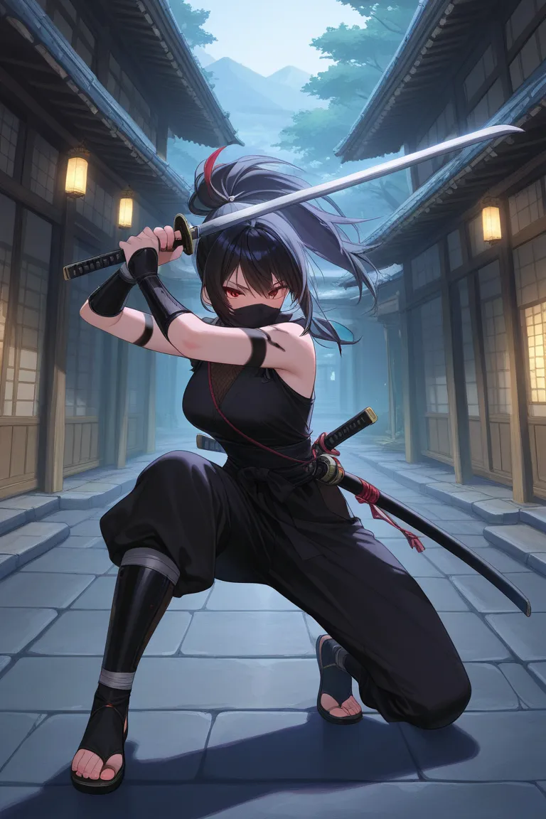  vector art、((female ninja))、female ninja、cute、Beautiful work、Light production,((Highest quality、masterpiece、Highest quality、High resolution、8k、detailed、ultra-detailed:1.3))、dynamic posing,(((((have a katana,black painted scabbard ,one sword :1.3)))))、((((...