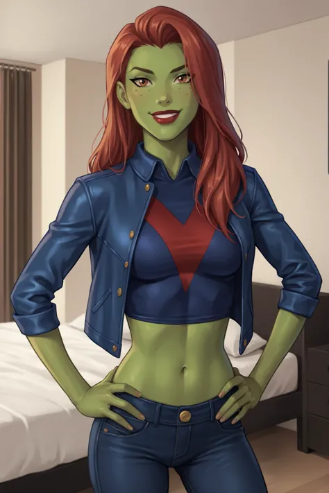 PonyXLV6_Scores BREAK (perfect anatomy, perfect eyes), BREAK mgann morzz, long hair, red hair, colored skin, green skin, freckles, brown eyes, makeup, bright red lipstick, ((looking at viewer)), superhero, dark blue crop top, dark blue jeans, dark blue lea...