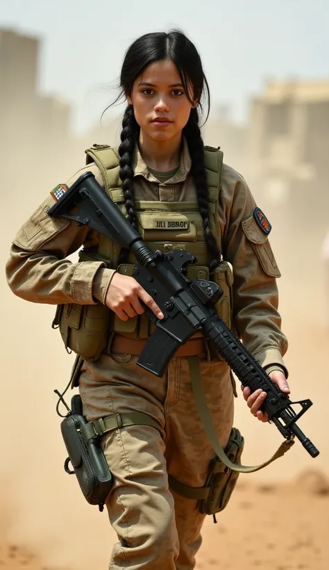 A beautiful young female soldier, 20 years old, walks forward with confidence and grace, embodying both elegance and strength. Her striking black hair is neatly braided, adding to her disciplined yet captivating appearance. Her sharp, determined eyes and w...