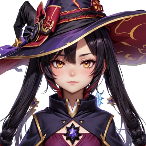 anime girl with purple hat and purple dress and black cape, mechanized  Witch Girl , Black-haired wizard, Side Portrait Dark Witch,  Dark Witch Characters,  Ayaka from Genshin Impact ,  Portrait of a Female Wizard ,  Onmyoji portrait , Alchemist girl,  Wit...