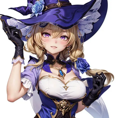 Woman with purple roses wearing a purple hat and black gloves,  Ayaka from Genshin Impact ,   Genshin Impact character  , Granblue Fantasy,  Portrait of a Female Wizard ,  Kirisame Marisa,  Mechanized Witch Girl ,  hologram by Kentaro Miura where an anime ...