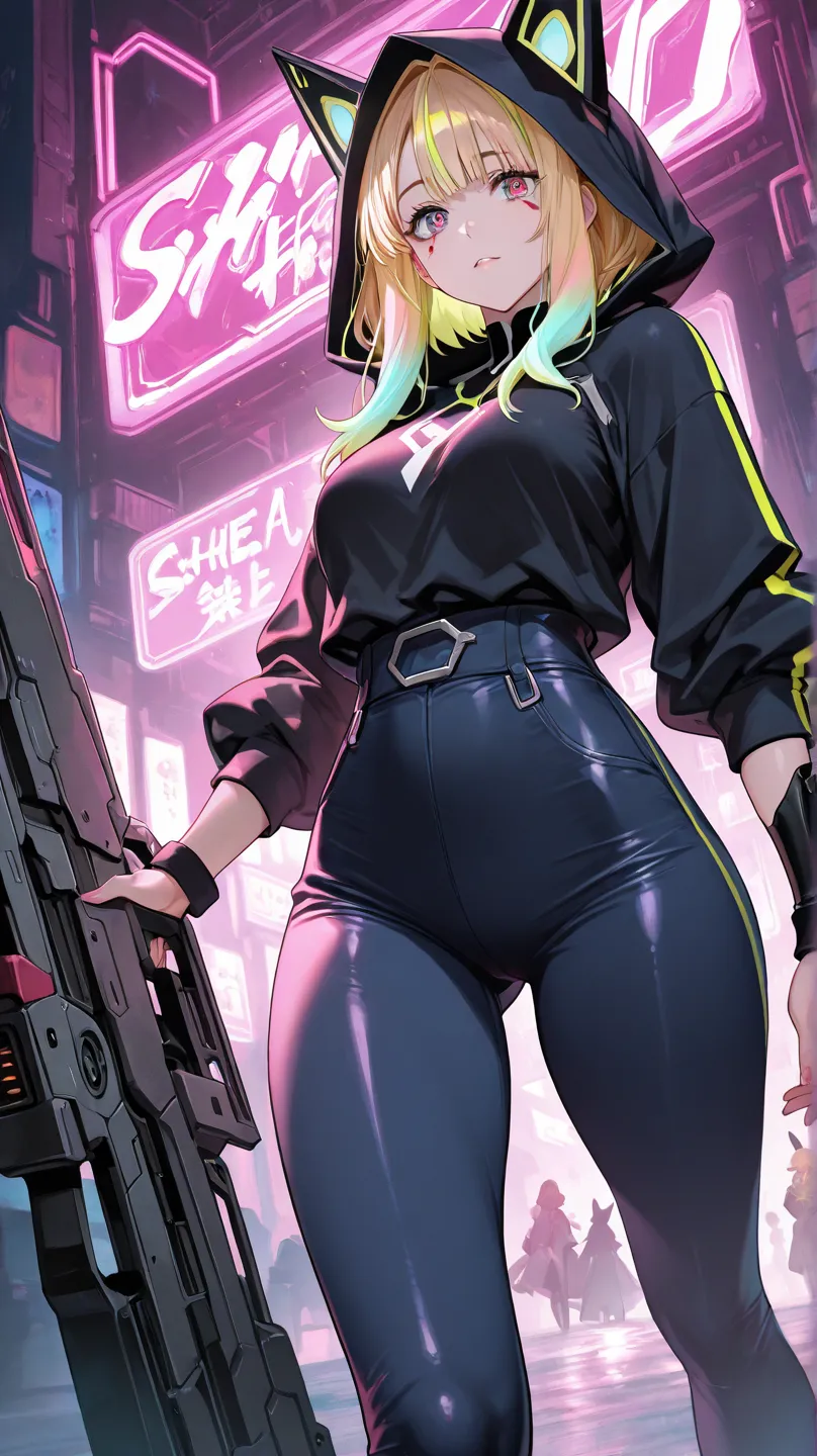 A very beautiful woman, with long flowing blonde hair with cyan highlights, with each eye having a different color, cyan and green, shining as if it were an LED. She is a mysterious and cunning hacker. She wears a black blouse and a cyan sweatshirt with a ...