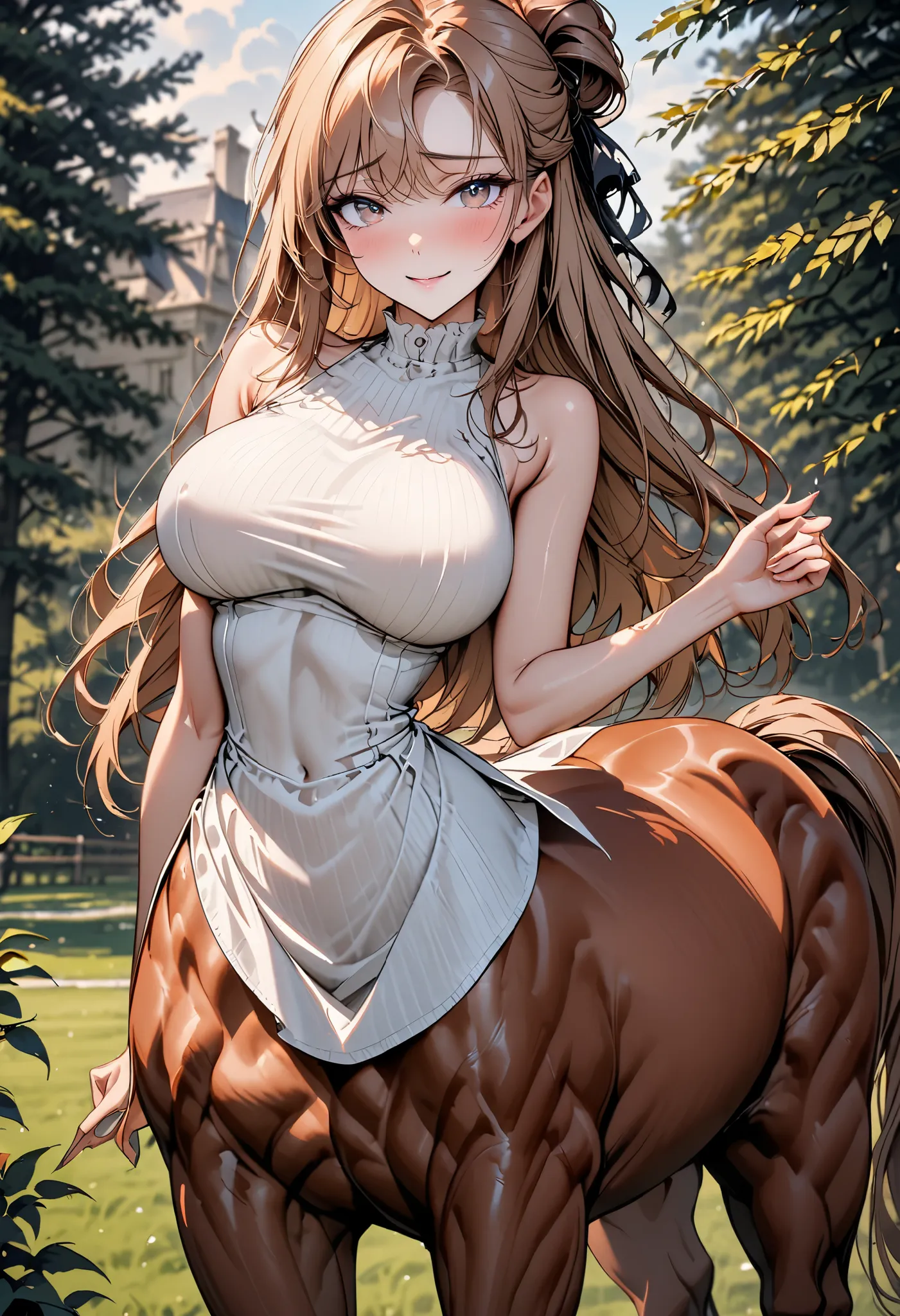 solo, solo, female, centaur, large breasts, thin waist, shy, intelligent, student, Chestnut brown fur, cherry blonde hair and tail, gentle, smile, rural estate, wealthy, close up, horse body, horse legs, centaur, centaur, Victorian, centaur girl, very tall...