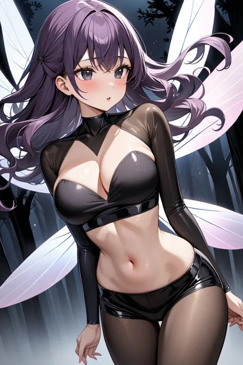 MASTERPIECE, BEST QUALITY, ULTRA DETAILED, PERFECT ANATOMY, HIGH DEFINITION, INTRIGUING DETAILS, ALONE, 1 girl, slender, medium breasts, long wavy hair, dark purple hair, black eyes, star pupil, large fairy wings, transparent white wings, two pairs of wing...