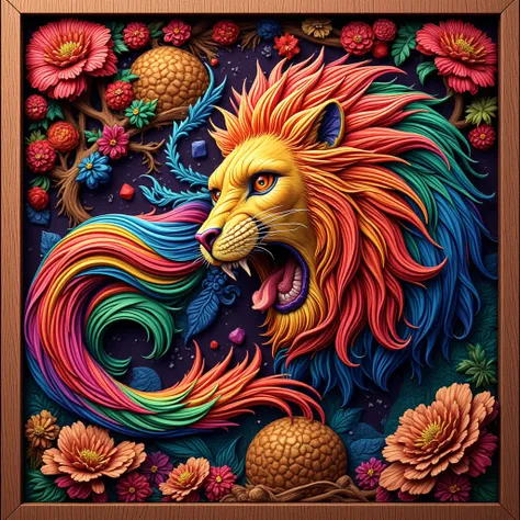 NFT 3d woodcut colorful lion flashy