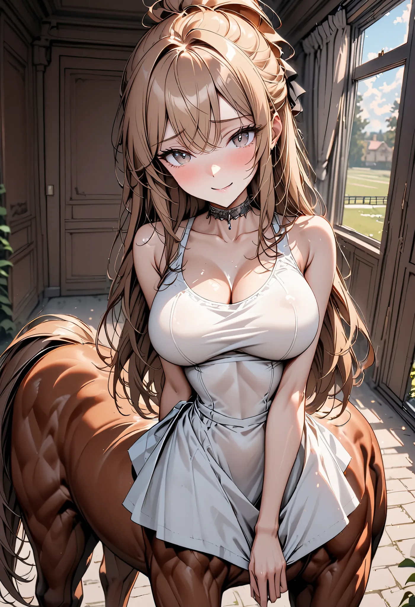 solo, solo, female, centaur, large breasts, thin waist, shy, intelligent, student, Chestnut brown fur, cherry blonde hair and tail, gentle, smile, rural estate, wealthy, close up, horse body, horse legs, centaur, centaur, Victorian, centaur girl, very tall...