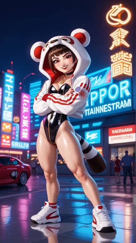 Po from Kung Fu Panda reimagined as a hip-hop playboy, exuding confidence and swagger. He’s wearing a sleek, white designer tracksuit with bold American patterns, paired with custom Nike sneakers featuring intricate Asian calligraphy. His neck is adorned w...