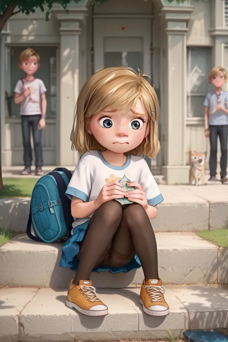 Riley Anderson,  1 girl,  blond hair, in the park,  is embarrassed, blushes, holds a few dollars in his hands, mini skirt, shirt,  tights  ,a man's hand on a girl's knee ,a girl is sitting in front of an adult man ,throw, girl  