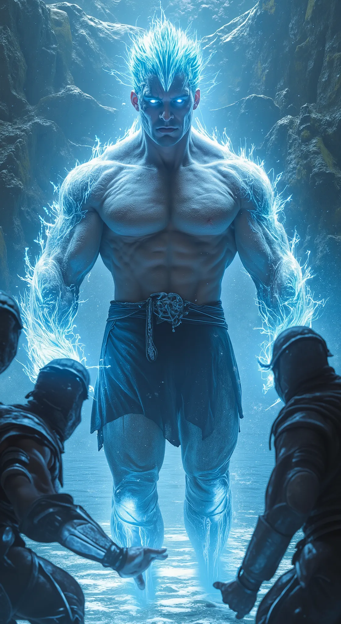 1man, portrait of mksubzero battle with group of ninja, glowing eyes, ice, blue, cold, energy, aura, swirl water, ornate, detail, muscular man