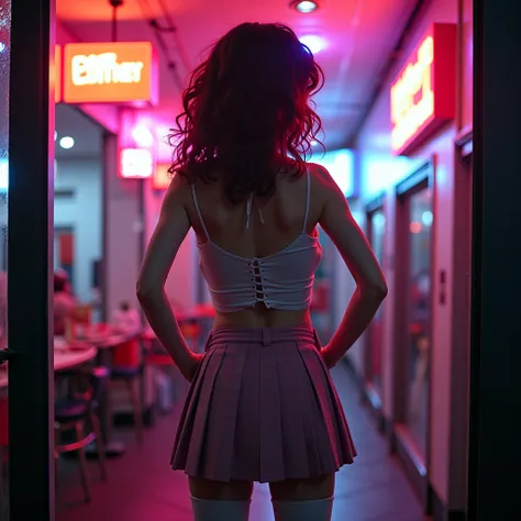 realistic photo of shop window containg a brunette 21 years old softly curly possing as if she is for sale, girl behind the glass, night slutty girl fully into a showcase, sexy, decadent neogborood, sexy schoolgirl cosplay, pigtails, pleated miniskirt up t...