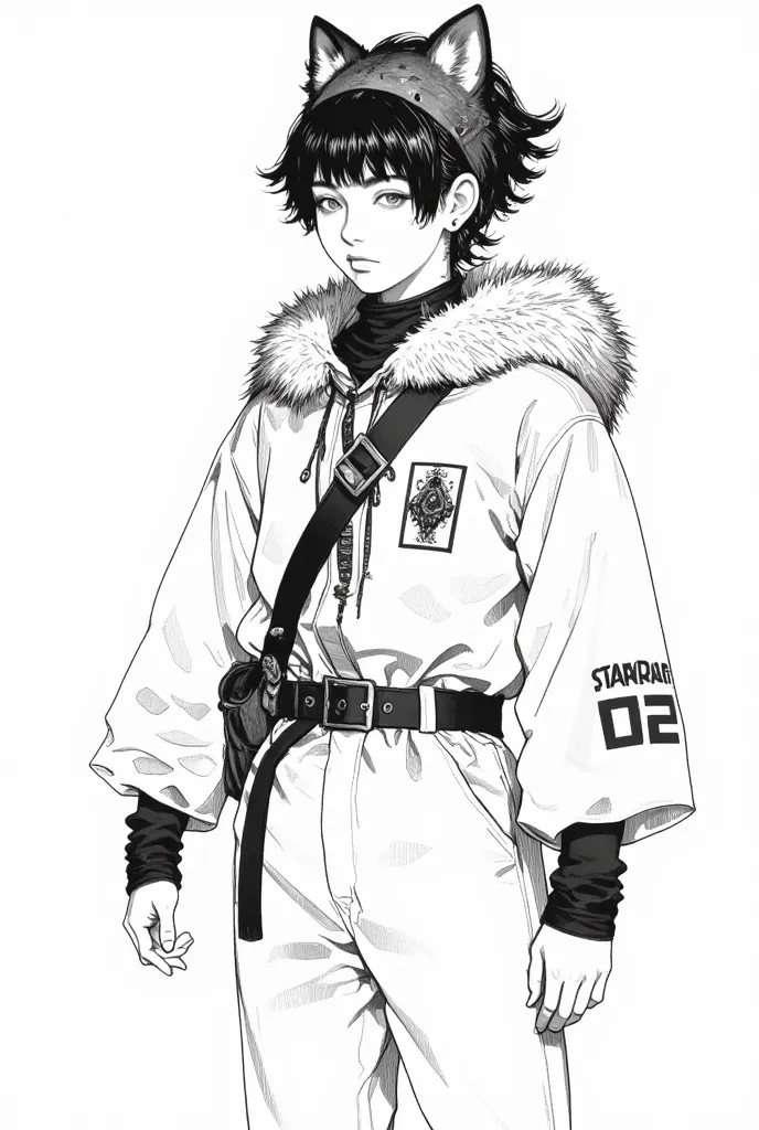  A boy , is in front of him he is wearing a fighting head as clothing,He wears like a wolf in the back of his neck, short black hair (black and white manga art style) 