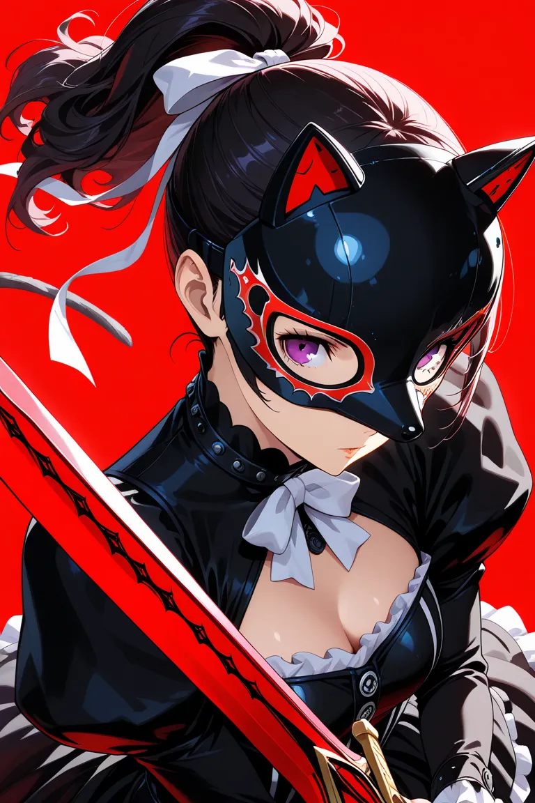 (masterpiece),(absurdres),(ultra detailed),(beautiful detailed),(persona5 mask concept,dog motive mask),(simple crimson background:1.2),solo lady,(23-year-old), black hair,purple eyes,(short highponytail),bangs:1.1,(1white ribbon:1.1),(Gothic dress:1.1),cl...