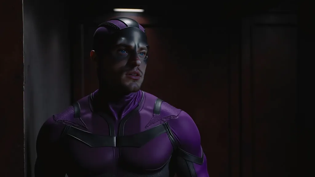 Charlie Hunnam, a masked superhero in a dark and smoky cave at night. Clad in a sleek, purple body-hugging lycra costume with a matte finish, his defined muscles and muscular arms are on full display. The costume features a purple collant that glides seaml...