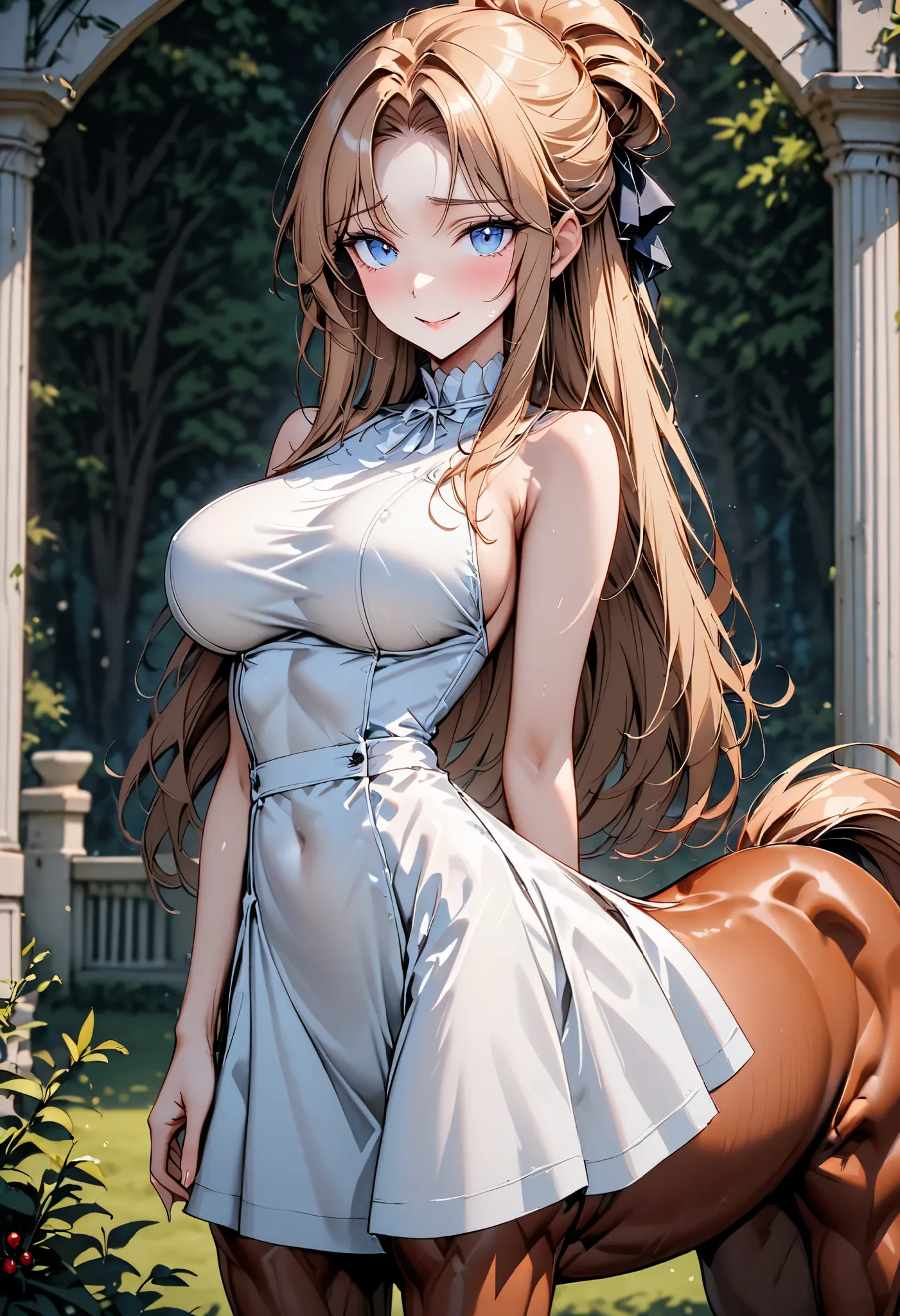 solo, solo, female, centaur, large breasts, thin waist, shy, intelligent, student, Chestnut brown fur, cherry blonde hair and tail, gentle, smile, rural estate, wealthy, close up, horse body, horse legs, centaur, centaur, Victorian, centaur girl, very tall...