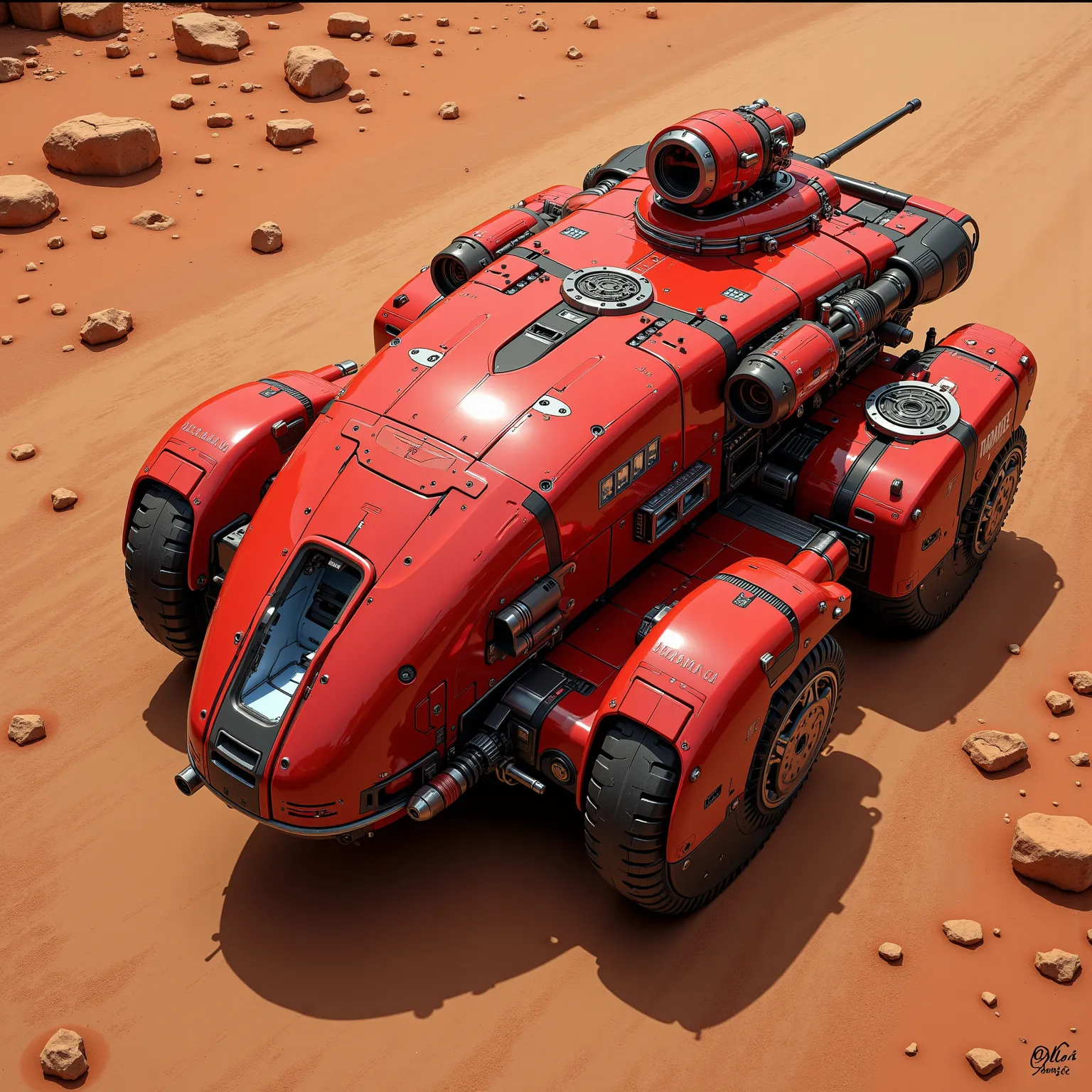 "Realistic, seen from above, Shaved pussy shape for women,  red, with a small turret long cannon measuring 120 mm on top of the smooth pussy, futurist. dusty due to the sandy terrain, reddish color, terreno Realistic com pedras e areia com coloração averme...