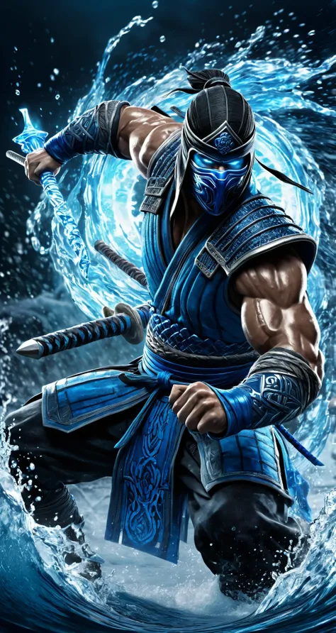 1man, portrait of mksubzero battle with group of ninja, glowing eyes, ice, blue, cold, energy, aura, swirl water, ornate, detail, muscular man