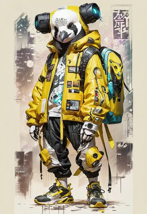 Penguin wearing a yellow jacket and black pants, Cyberpunk Streetwear, wearing Cyberpunk Streetwear, Cyber Future Jacket,  wear Japanese tech wear with cyberp,  japanese streetwear ,  pink cloth wearing  , The Future of Techwear,  Futuristic Tech Wear ,  B...