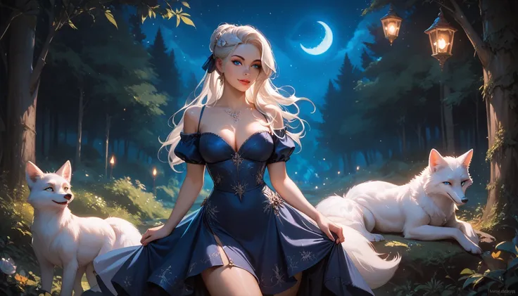 Ari the white fox,  sexy, in dark blue clothes, in the forest, art fantasy at night, medieval dress, dark tones of the night, night time atmosphere, focus on the night