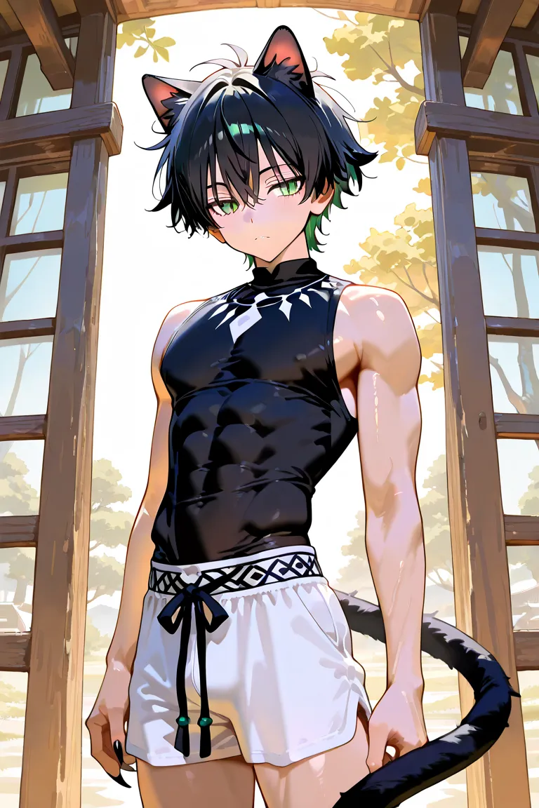 MASTERPIECE, BEST QUALITY, ULTRA DETAILED, PERFECT ANATOMY, HIGH DEFINITION, INTRIGUING DETAILS, ALONE, (MALE), 1BOY, toned, thin, black hair, short unruly hair, green eyes, slit pupil, cat ears, cat tail, sharp nails. Male indigenous attire, white shorts,...