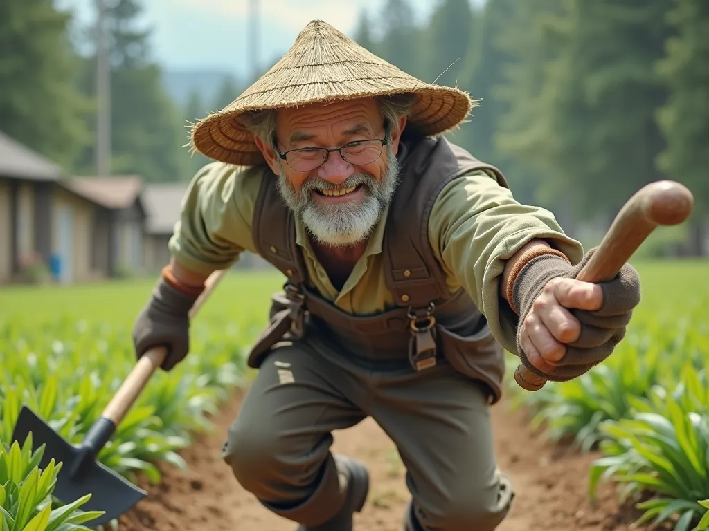  Japanese、Around 60 years old、Farmer Uncle、 Straw Hat、Boots、Gloves、
I'm swinging up the hoe in my right hand、Very angry face 、is chasing you to the front of the screen、A figure that goes all the way down to the foot of the screen