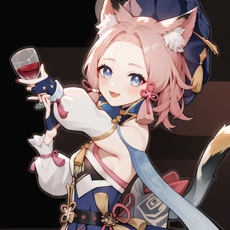 Close up of a person holding a wine glass,  Realistic ,  Ayaka from Genshin Impact ,  Arknights, Alchemist girl,   character art  ,  Ayaka from Genshin Impact ゲーム,  Attractive Cat Girl , very pretty anime cat girl,  cute anime cat girl , JRPG characters,  ...