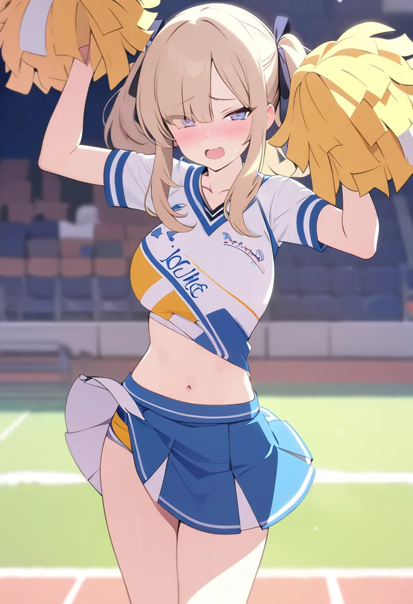 (masterpiece, best quality), 1girl, solo, kawaii, cheerleader, blonde hair, lifted skirt by windy