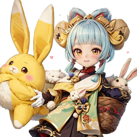 cartoon girl holding a basket with rabbits and stuffed animals,  Ayaka from Genshin Impact , Genshin Impact&#39;s Zhongli,  Ayaka from Genshin Impact ゲーム,   Genshin Impact character  ,   character art  ,  Onmyoji portrait ,  Arknights, Genshin Impactのキャリング...