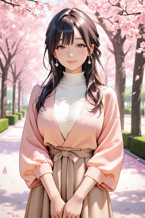 High quality texture, solo,one girl,Older sister,  cute expression ,big enough chest,random hairstyles,dark hair color,Cherry Blossom Viewing,spring,Date