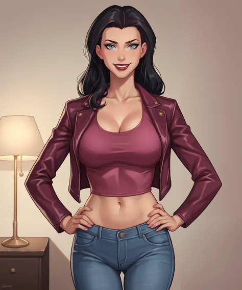 safe_pos, PonyXLV6_Scores BREAK ((parody style, parody), perfect anatomy, perfect eyes, cowboy shot), BREAK zatanna, black hair, blue eyes, dark red lipstick, black makeup, ((looking at viewer)), magenta jeans, curvy, athletic, large breasts, standing, ind...
