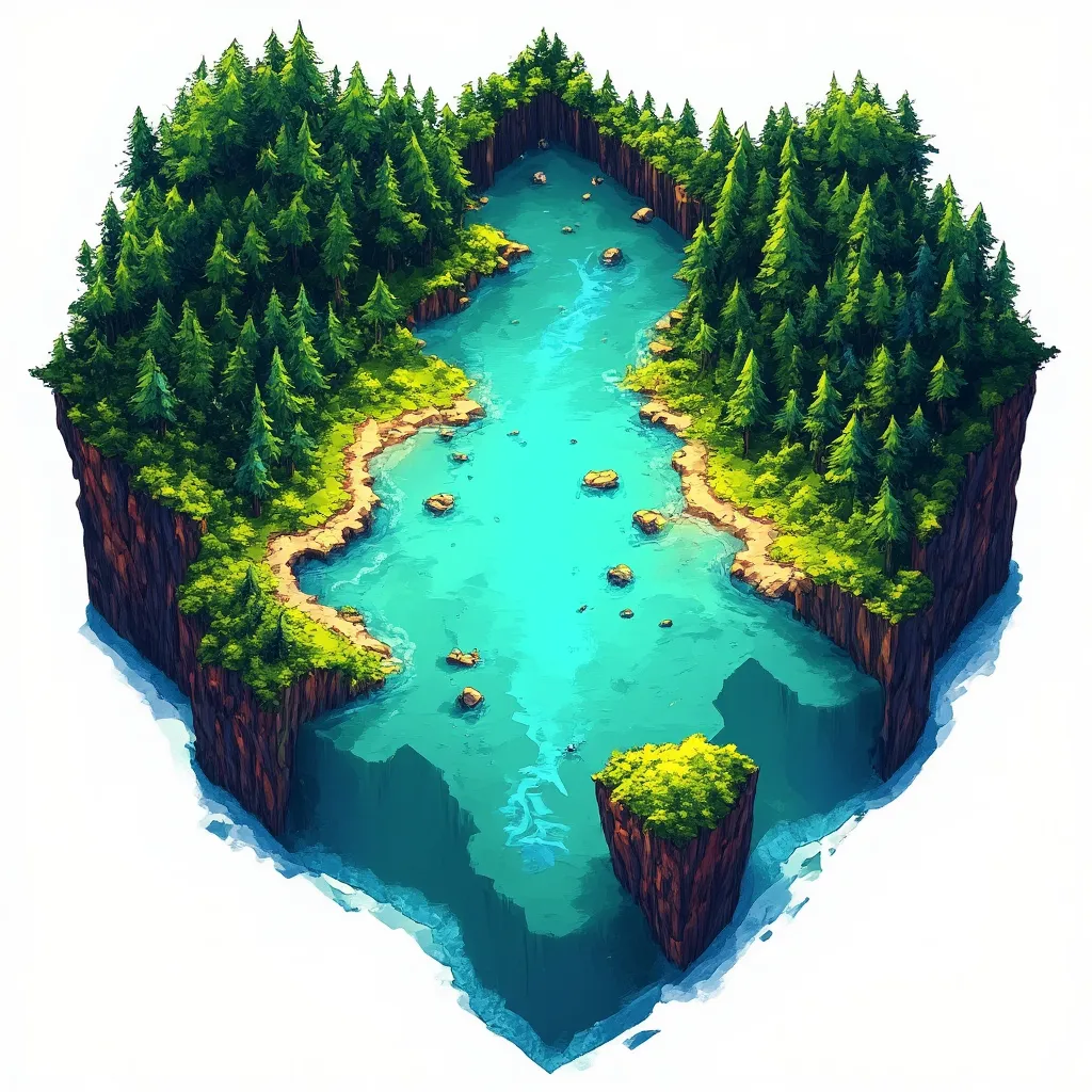 isometric map with islands and forests in crystal clear waters in medieval fantasy RPG style with white background