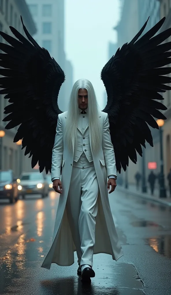 A figure with long, flowing white hair and piercing eyes that hint at a hidden ruthlessness walks purposefully down a wet, dimly lit city street. Towering black wings, detailed with individual feathers, extend dramatically from his back, seemingly eclipsin...