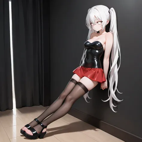  a girl, Alone, high resolution, White hair, white eyes, very long hair,  twin tails,  breasts, red miniskirt, tight, black top, obliging, strapless, high stockings, black, high sandals, heels.

 room,  of foot, leaning against wall