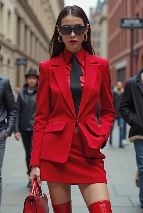 Sure! Here's an analysis of the image:

In this fashion shot, the model exudes confidence and boldness with a completely red outfit. The monochromatic red ensemble is a strong style choice, combining a structured blazer with a mini skirt, creating a modern...