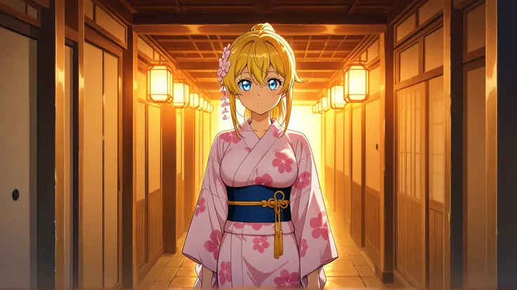 high resolution, 1 girl, medium breasts、golden hair、yukata、stall、have twinkling eyes、glint、 is running on the right hand、ponytail、flower hair accessories