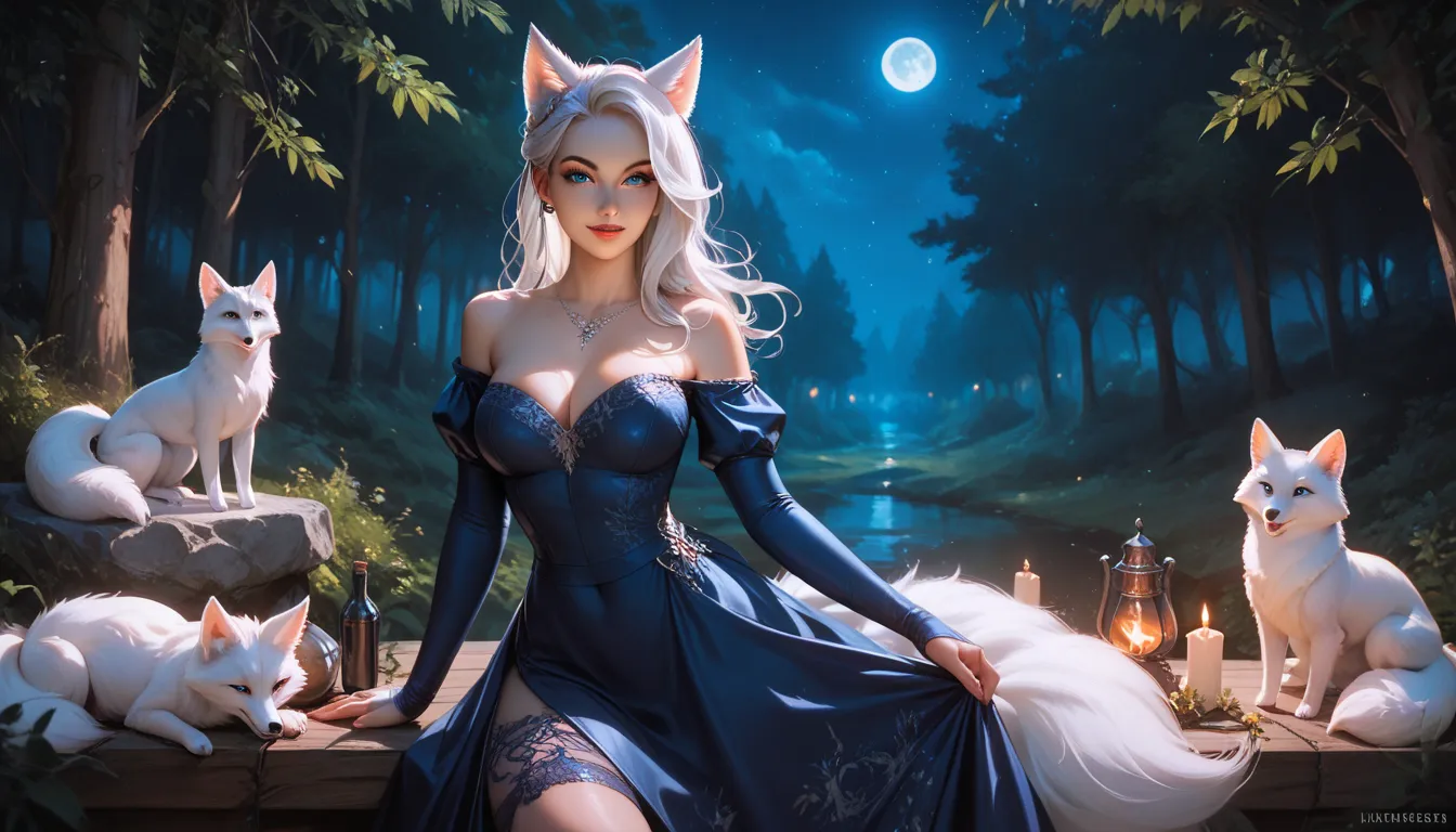 Ari the white fox,  sexy, in dark blue clothes, in the forest, art fantasy at night, medieval dress, dark tones of the night, nighttime atmosphere, focus on the night