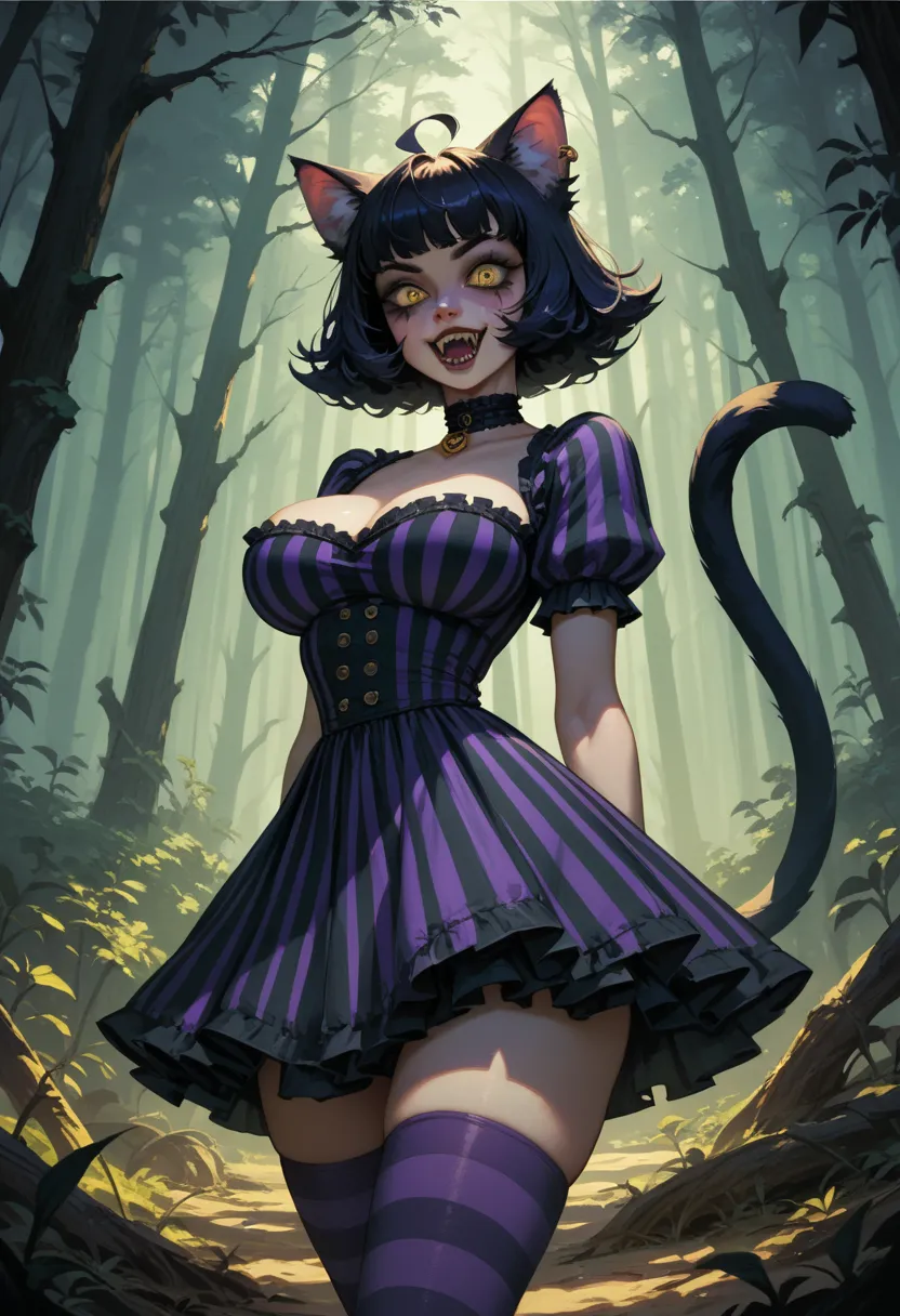 humanoid Cheshire Cat, black and purple striped dress, large breasts, black and purple striped stockings, goth, crazy black hair, yellow eyes, shadows, dark forest background, night