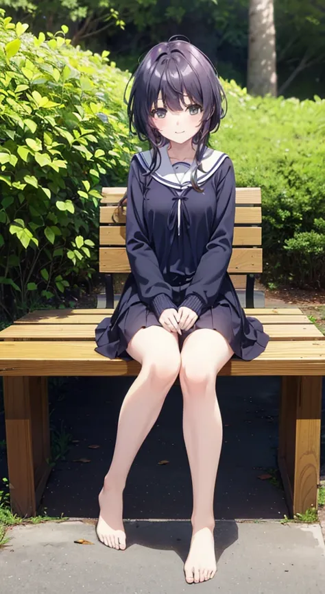 resolution, ( from head to toe full body), Front , Front やや下からの構図, Symmetric, Tall 18 year old girl,  alone, ( from head to toe), ( Tiny Breasts ),   black hair, (), ( sit with legs crossed), ( crouching position ), ( ( sitting on a bench with legs spread ...