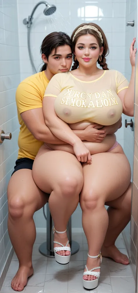 plus size women, full body, 20 years old, very voluptuous body, buxom, plump, busty, thick, chubby, big breast, big hips, big thigh, very huge ass, very beautiful face, pink lips, braids hair style, light yellow lace headband, gold earring jewelry, tight l...