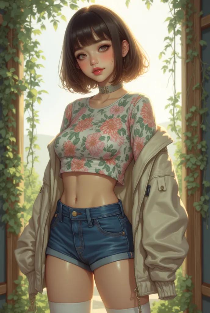 1girl, shorts, solo, midriff, navel, short_hair, asian, thighhighs, looking_at_viewer, brown_hair, smile, floral_print, crop_top, blue_shorts, jacket, teeth