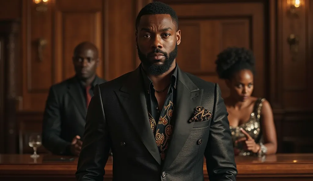 "A powerful Black man stands tall, staring directly into the camera with an intense, unwavering gaze—his expression a mix of quiet victory and unshakable dominance. He wears a sleek, African-inspired suit with subtle gold embroidery, exuding confidence and...