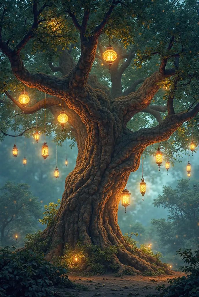 Lamps hanging from a large tree