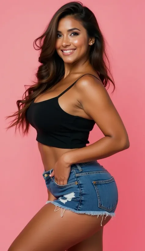  Araffed woman wearing a black top and denim shorts posing for a photo, Medium pink, Violet Myers, portrait Medium pink, Marischa Becker, portrait of Medium pink,  sexy girl in shorts , fernanda suarez, thick thighs, clear portrait of Medium pink, Madison ...