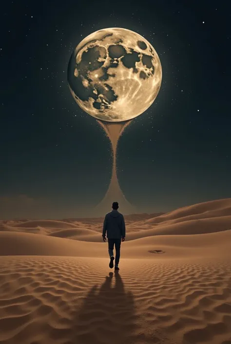 A man walking in a vast desert, illuminated by a dark full moon night, creating a stark contrast with the surrounding sandy landscape. In the background, a half-cracked sand clock with sand flowing out, symbolizing time's passage. Bold, simple yet stylish ...